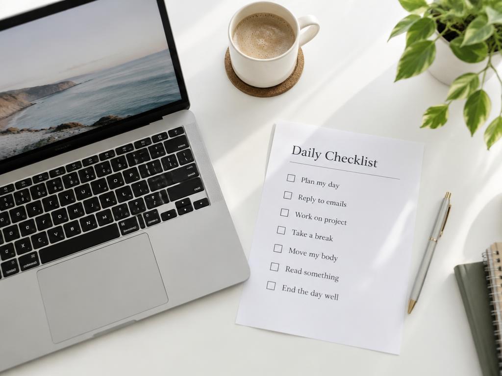Mesa de trabalho com laptop e checklist